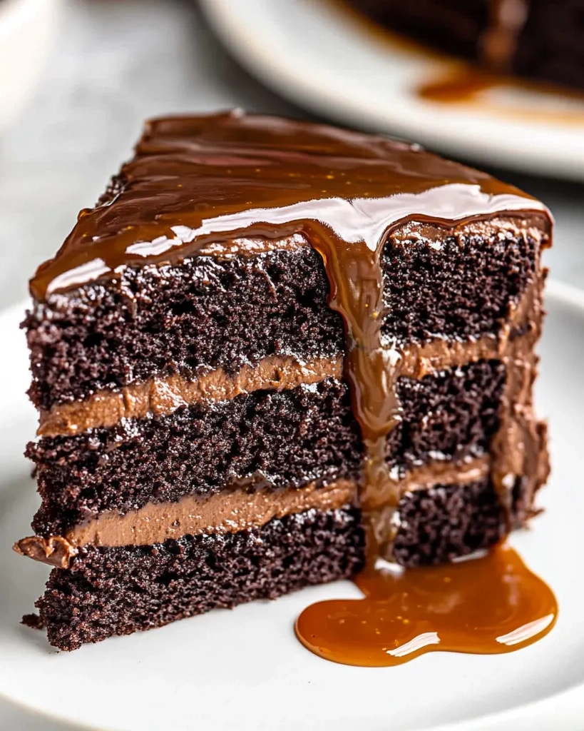 Eine Schicht Moist Chocolate Caramel Cake mit dickem Schmelz.