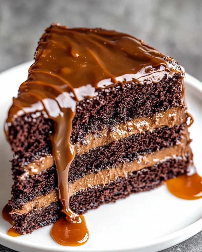Eine Schicht Moist Chocolate Caramel Cake auf einem weißen Teller.