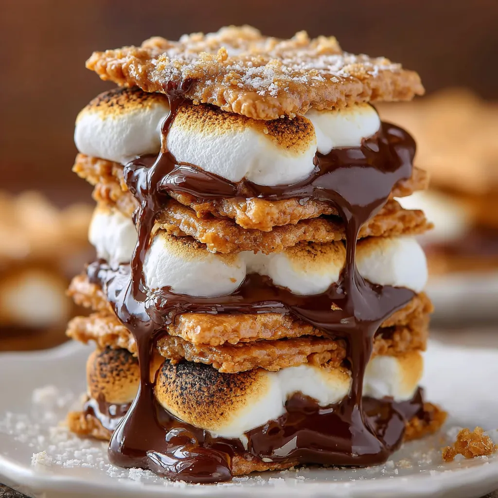 Eine Platte mit einem tief gebackenen S'Mores der mit Schokolade und Zucker bestrichen ist.