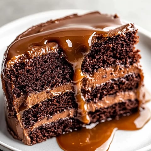 Eine Moist Chocolate Caramel Cake auf einem Plate.