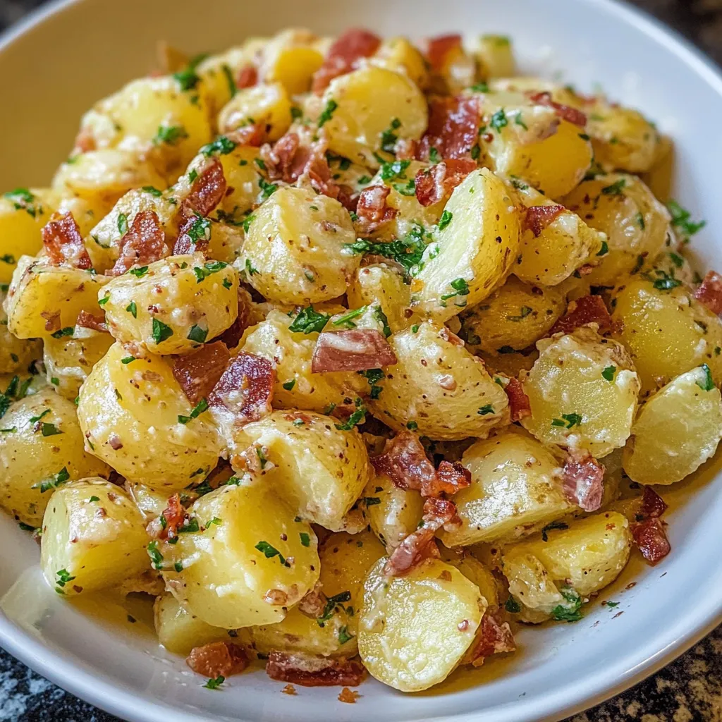 Ein weißer Teller mit einer Mischung aus Kartoffeln, Zwiebeln, Bacon und Knoblauch.