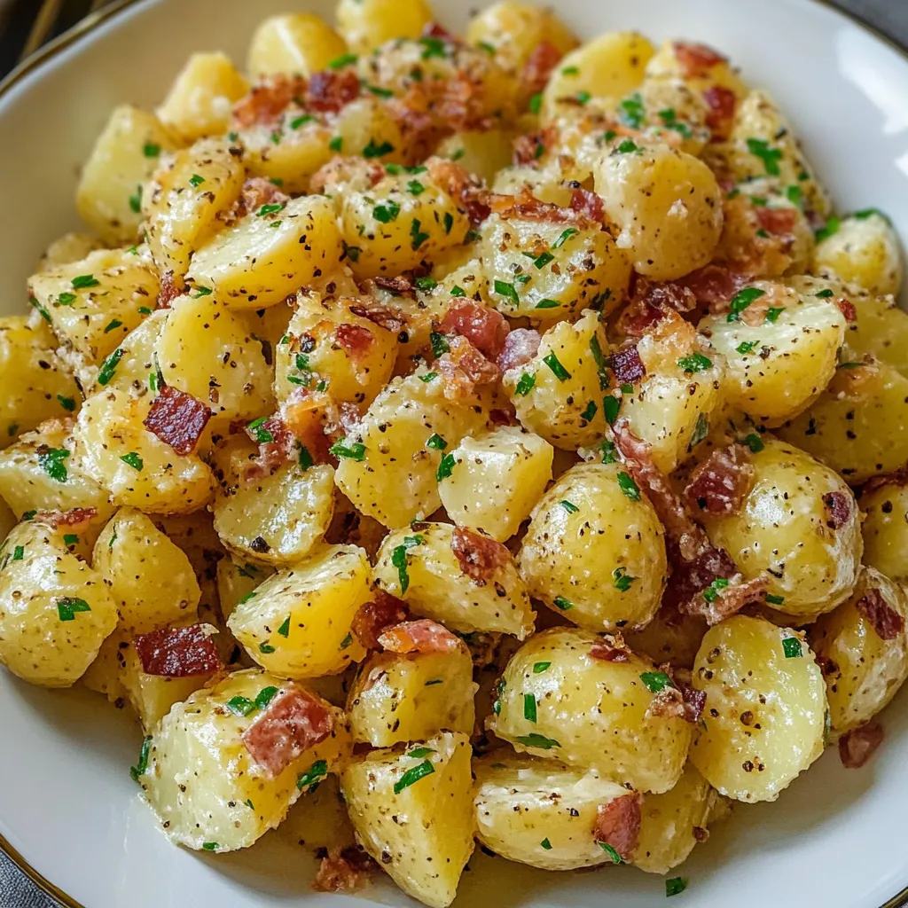 Ein weißer Teller mit gegrillten Paprika, Bacon und Knoblauch.