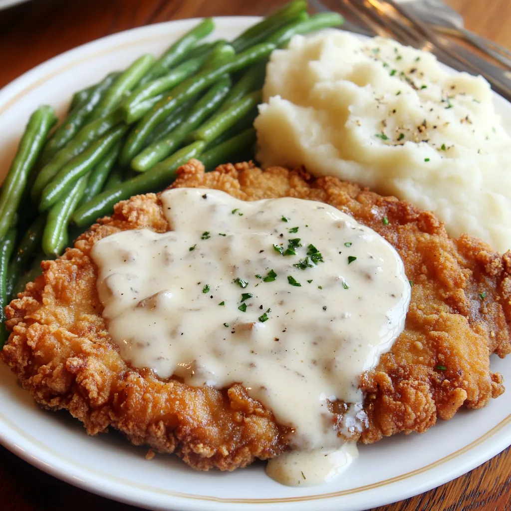 A plate of food with chicken fried steak and gravy.
