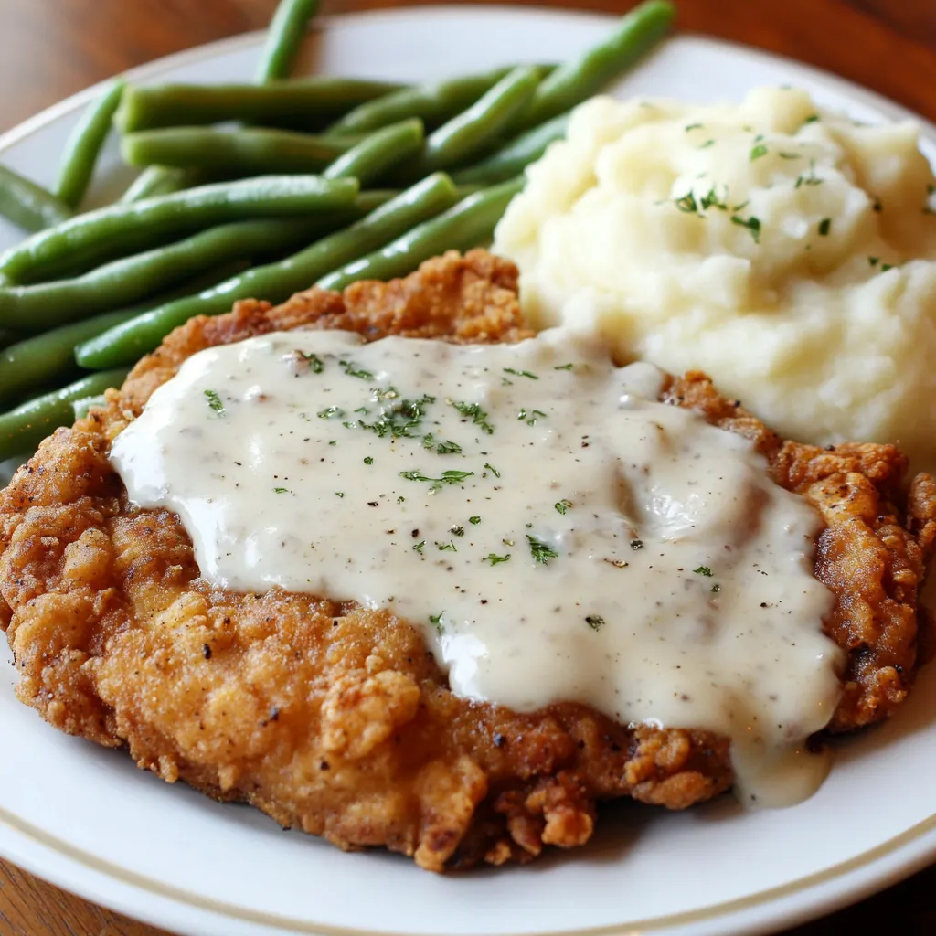 A plate of food with chicken fried steak, potatoes, and green beans.