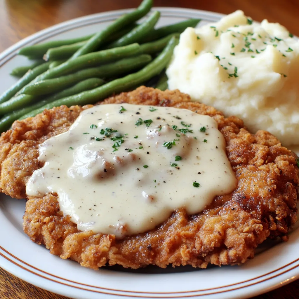 A plate of food with chicken fried steak, potatoes, and green beans.