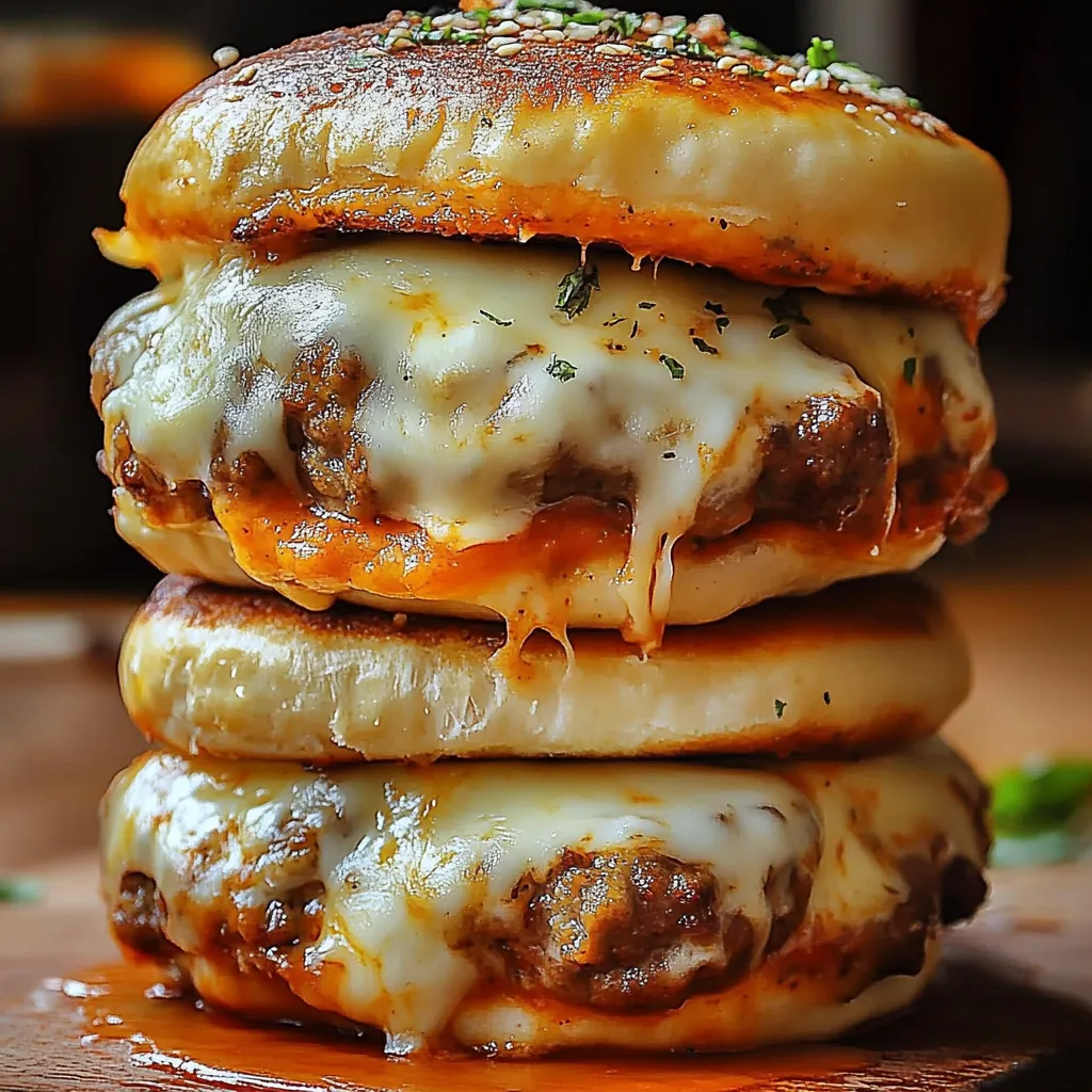 A stack of pizza burgers with cheese and sauce.