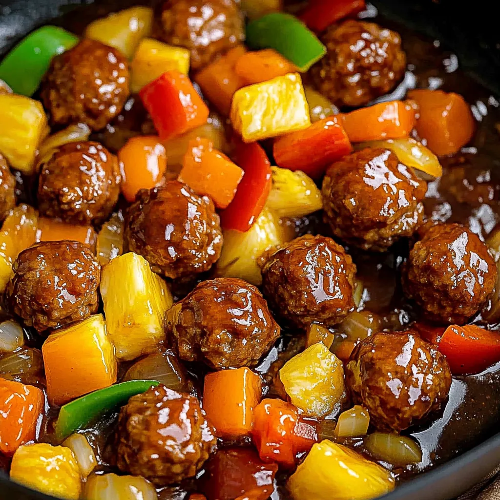 Ein Bild mit einer Schüssel voller Meatballs, die in einer Sauce liegen. Die Meatballs sind in verschiedenen Farben und haben eine süße und saure Note.