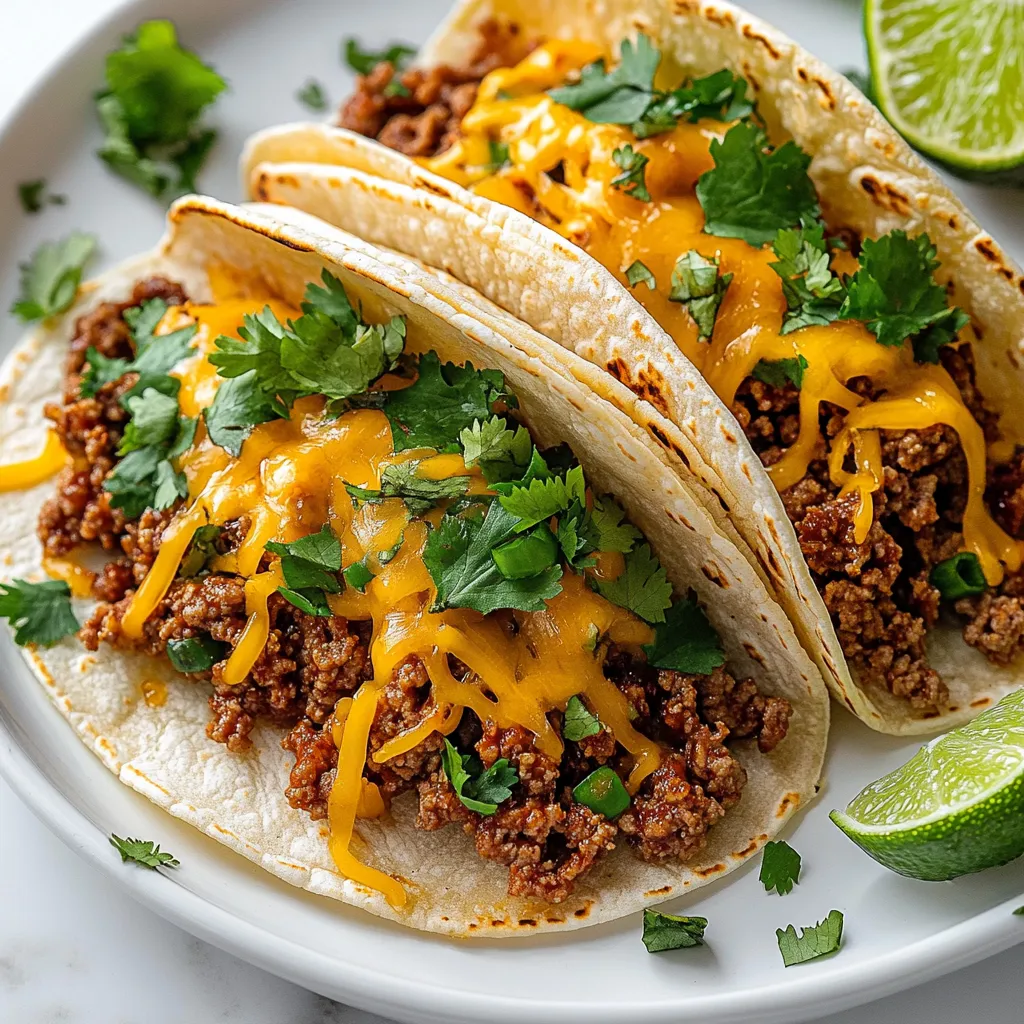Ein weißer Teller mit zwei BBQ Tacos, die mit Garlic Butter und Koriander garniert sind.
