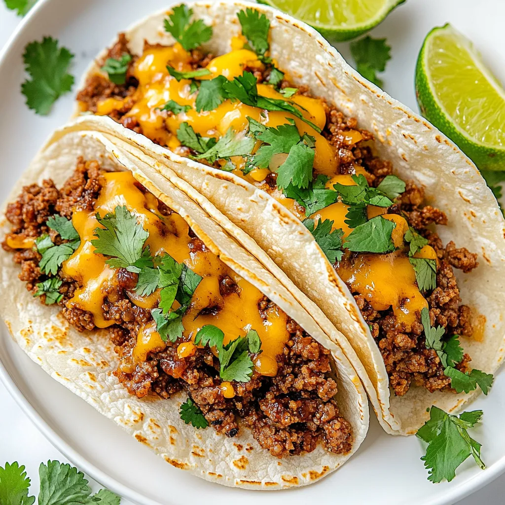 Ein weißer Teller mit zwei Tacos, die mit Garlic Butter und BBQ belegt sind.