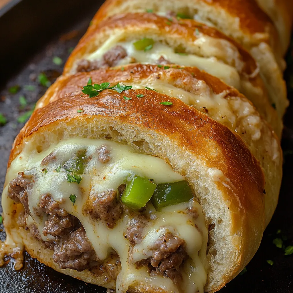 A close up of a Philly Cheesesteak Stromboli.