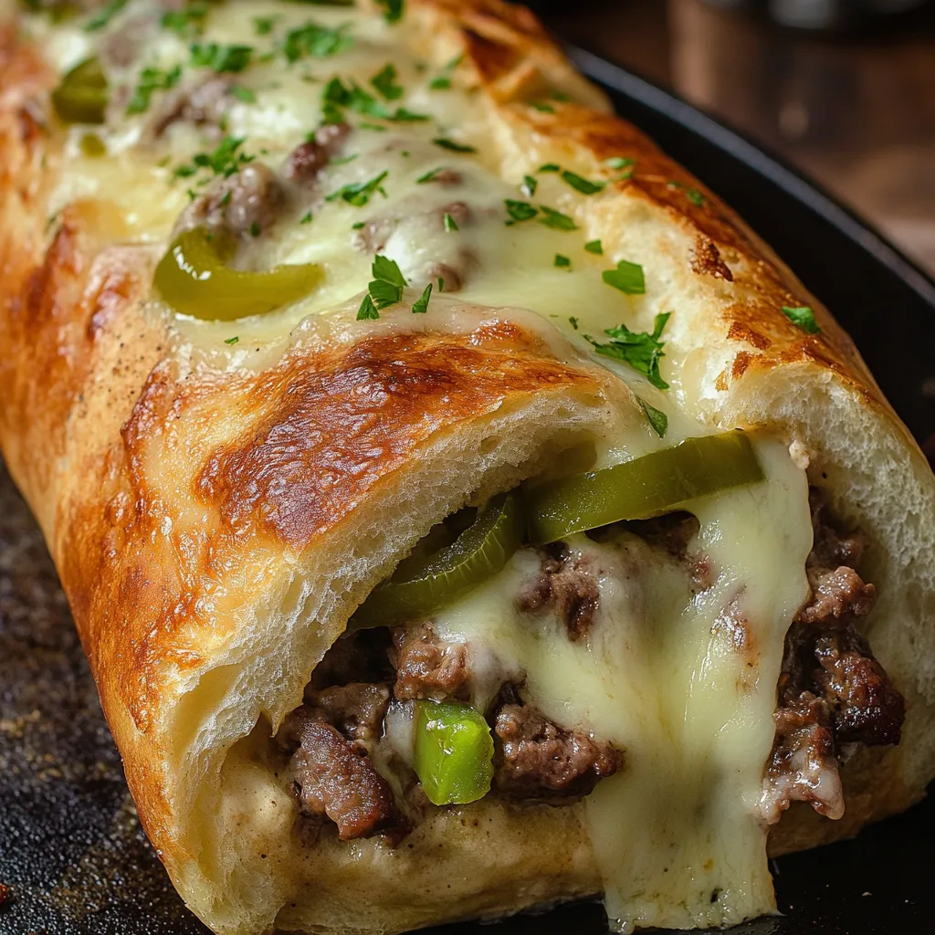 A close up of a Philly Cheesesteak Stromboli.