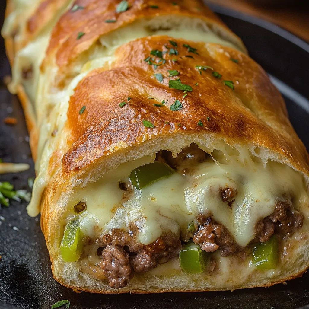 A close up of a Philly Cheesesteak Stromboli.