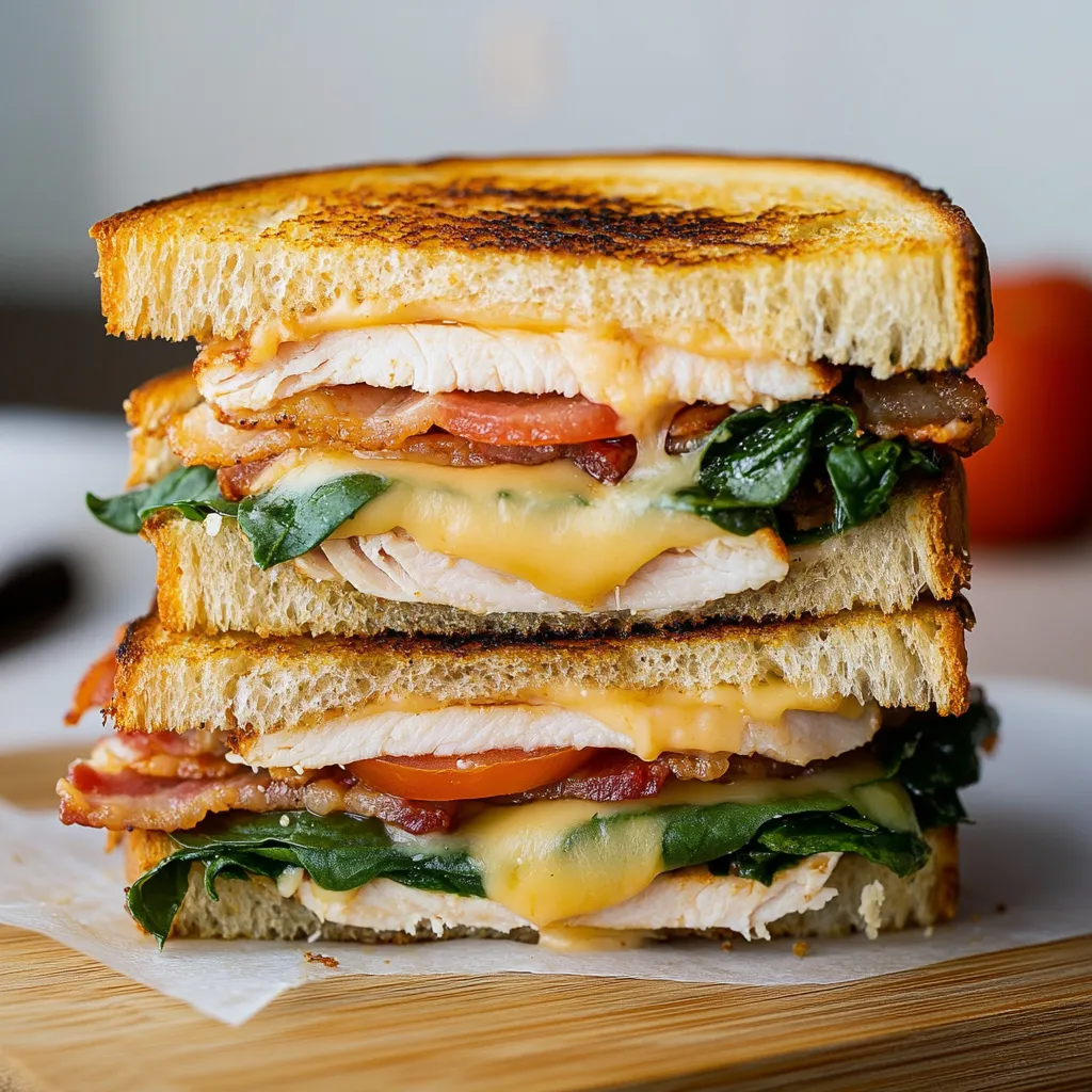 Ein Sandwich mit Tomaten, Bacon und Käse.
