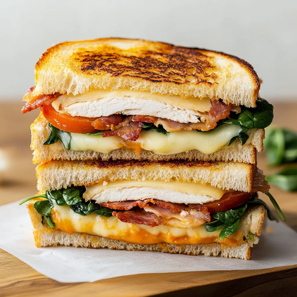 Ein Sandwich mit Tomaten, Bacon und Käse auf einem Tisch.