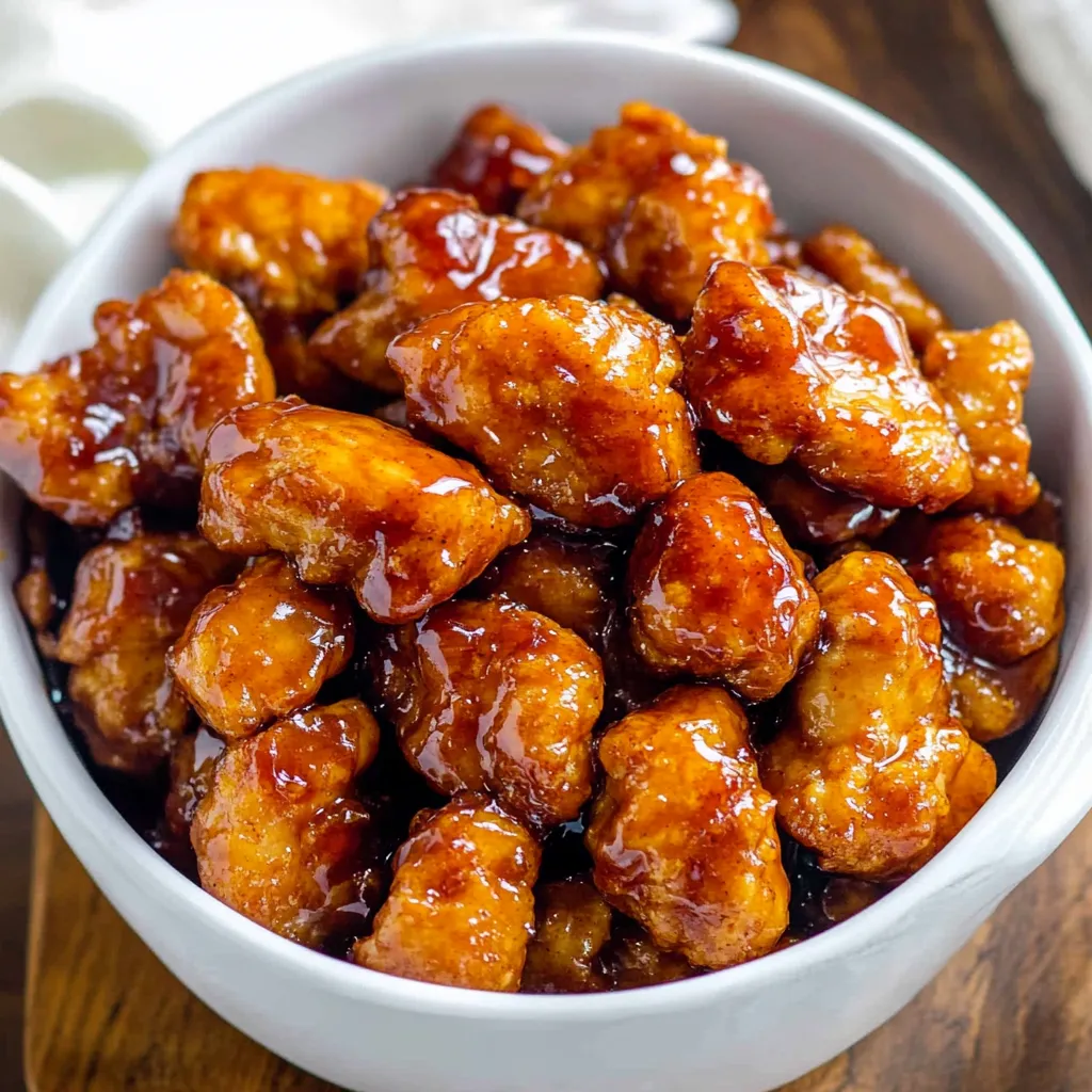 Ein weißer Becher mit 3 Ingredient Orange Chicken.