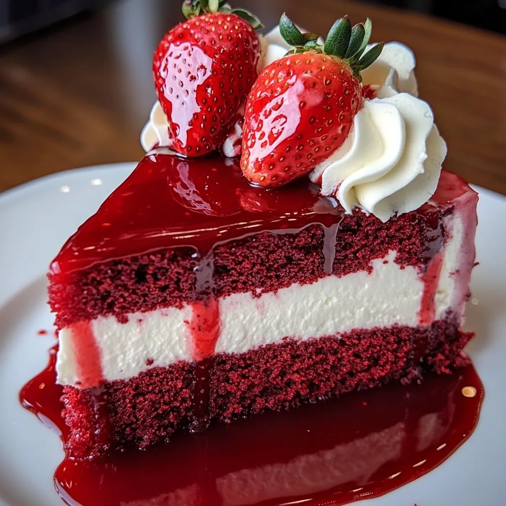 Ein Stück Red Velvet Strawberry Cheesecake auf einem weißen Teller.