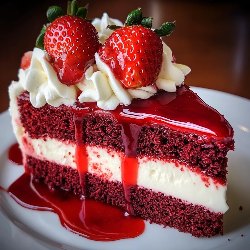 Ein Stück Red Velvet Strawberry Cheesecake mit frischen Erdbeeren garniert.