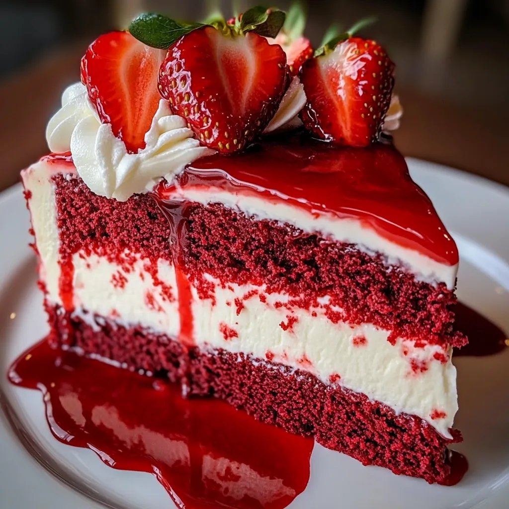 Ein Stück Red Velvet Strawberry Cheesecake auf einem weißen Teller.