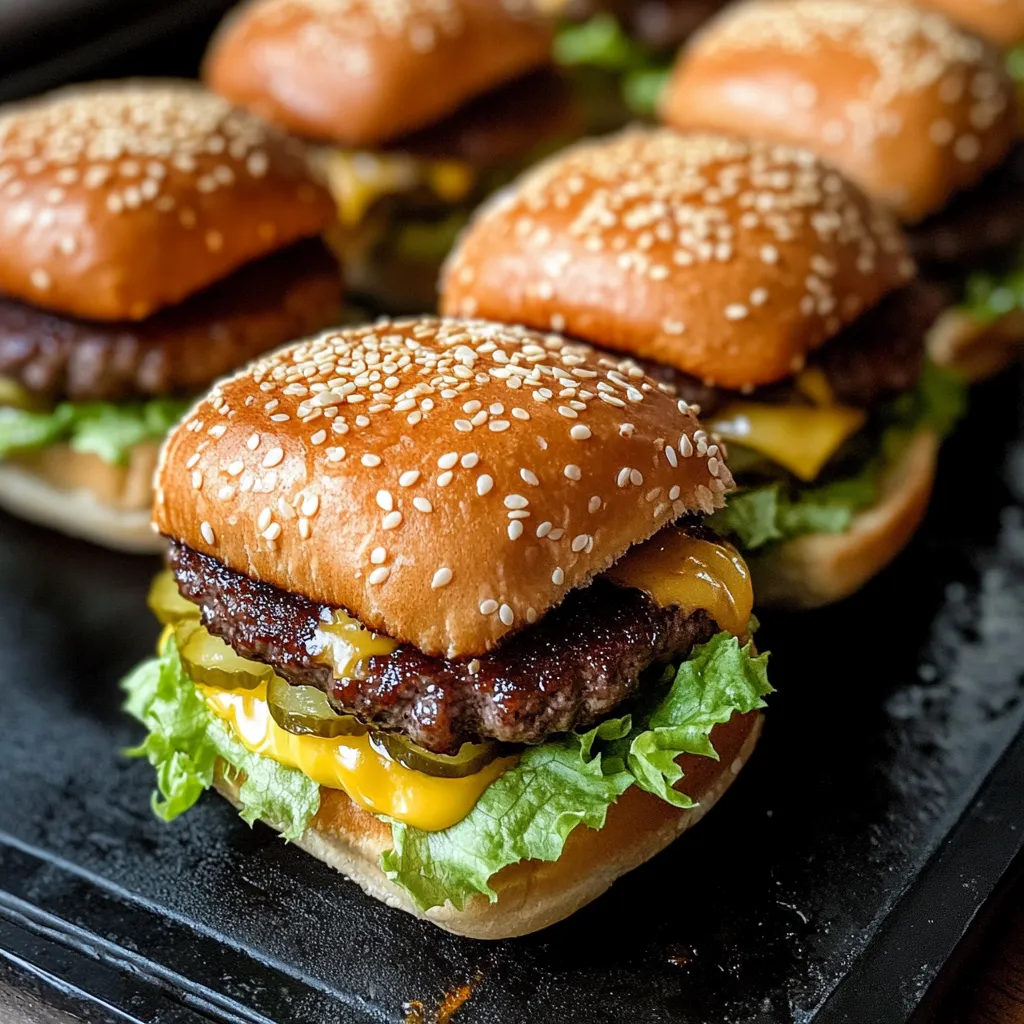 Eine Schüssel mit sechs Mini Big Mac Cheeseburgern auf einem Teller.