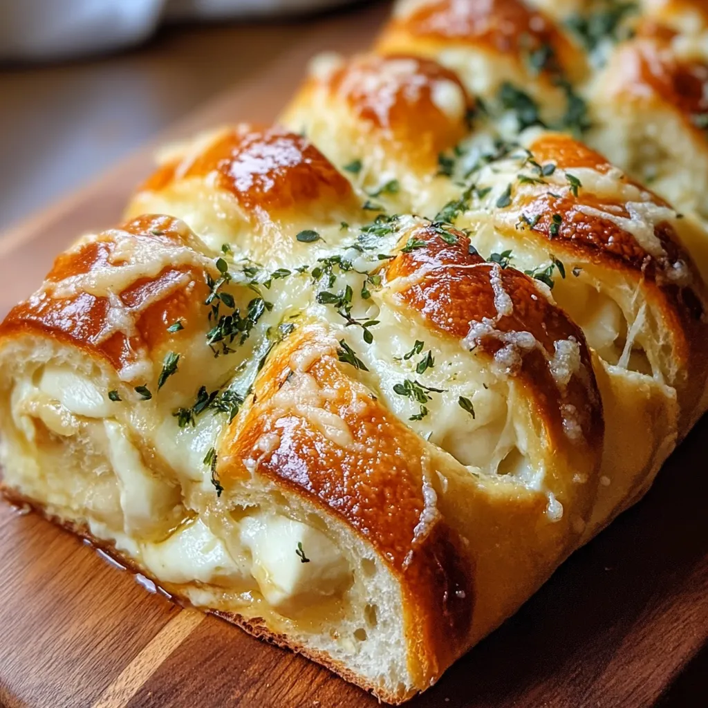 Ein Baguette mit Swirled Garlic Herb Cheese auf einem Holzblock.