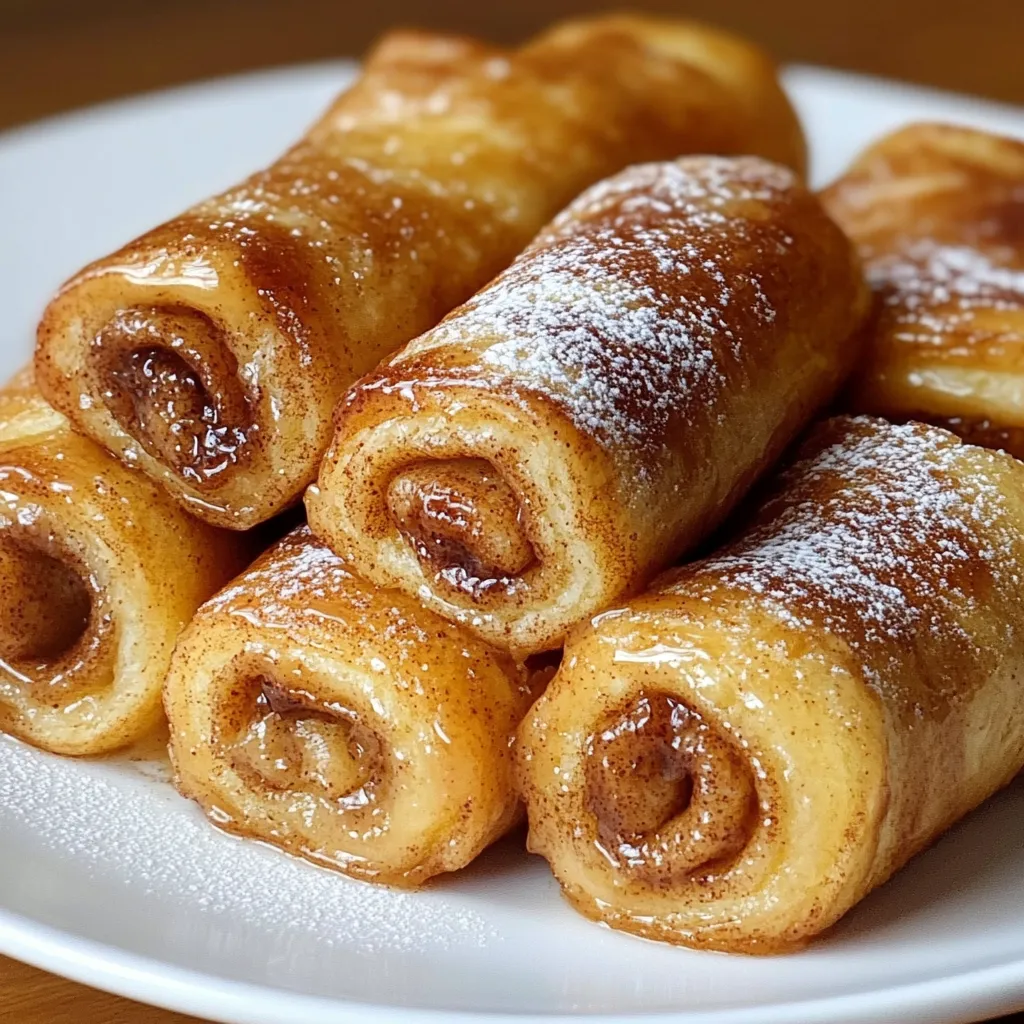 Ein weißer Teller mit sechs Cinnamon-French-Toast-Roll-ups darauf.