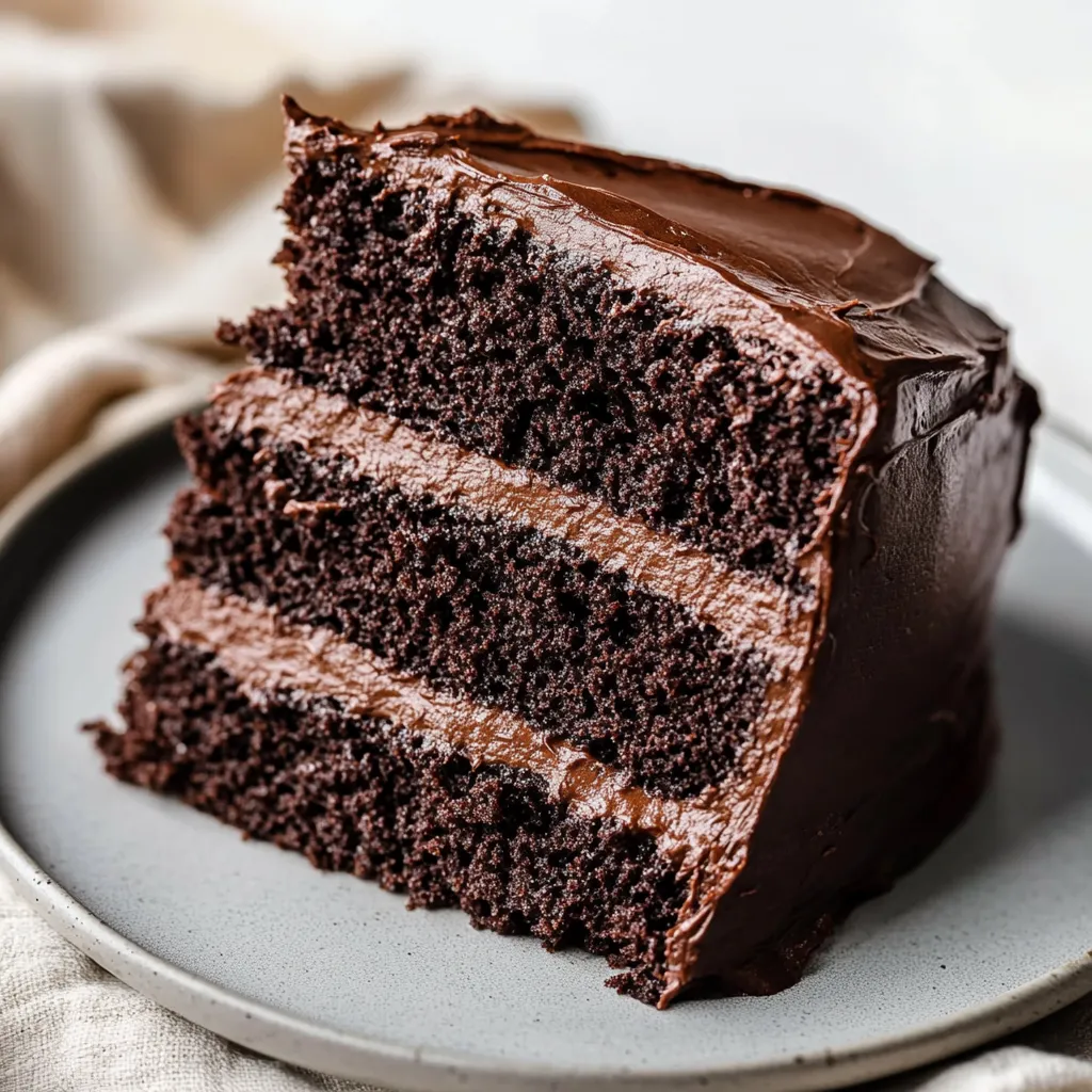 Eine moist rich chocolate cake, die in Stücke geschnitten wurde, auf einem Teller.