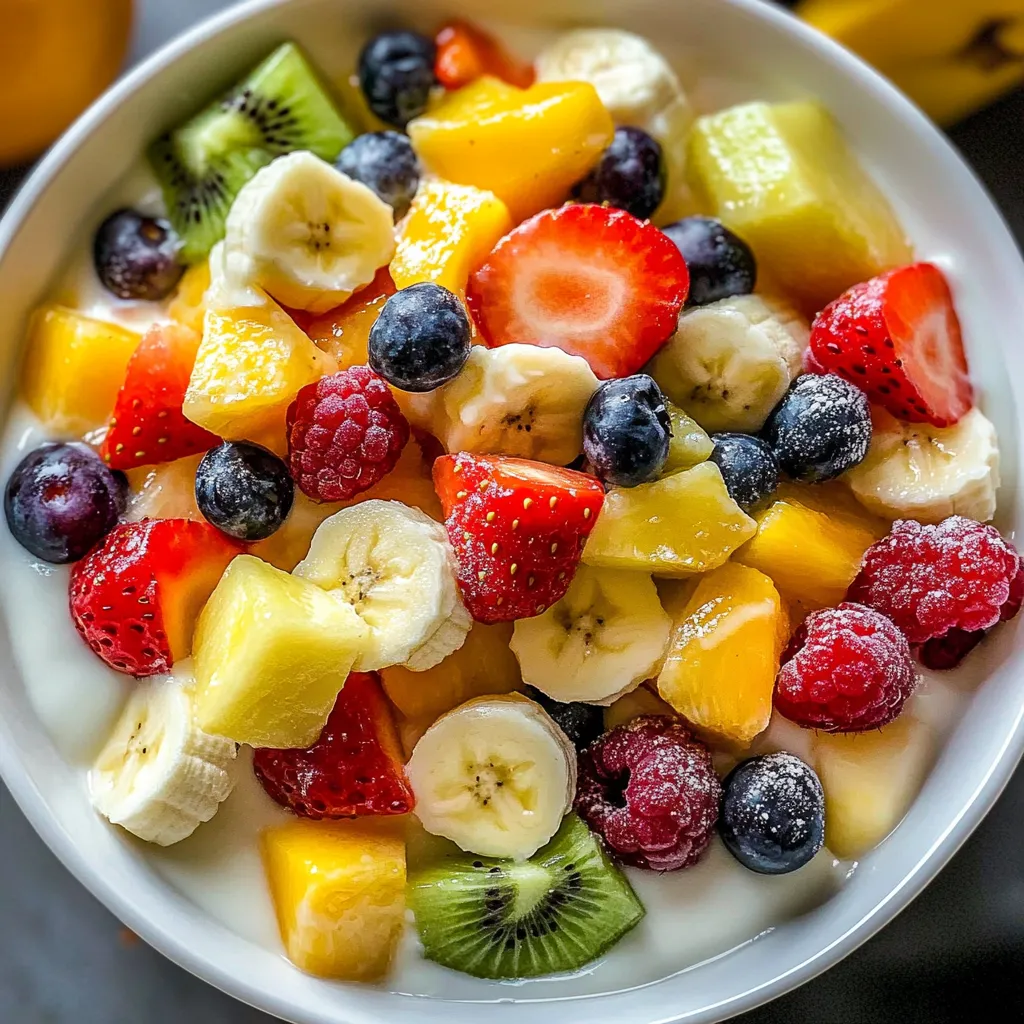 Ein weißer Becher mit einer Mischung aus frischem Obst und Vanille-Pudding.