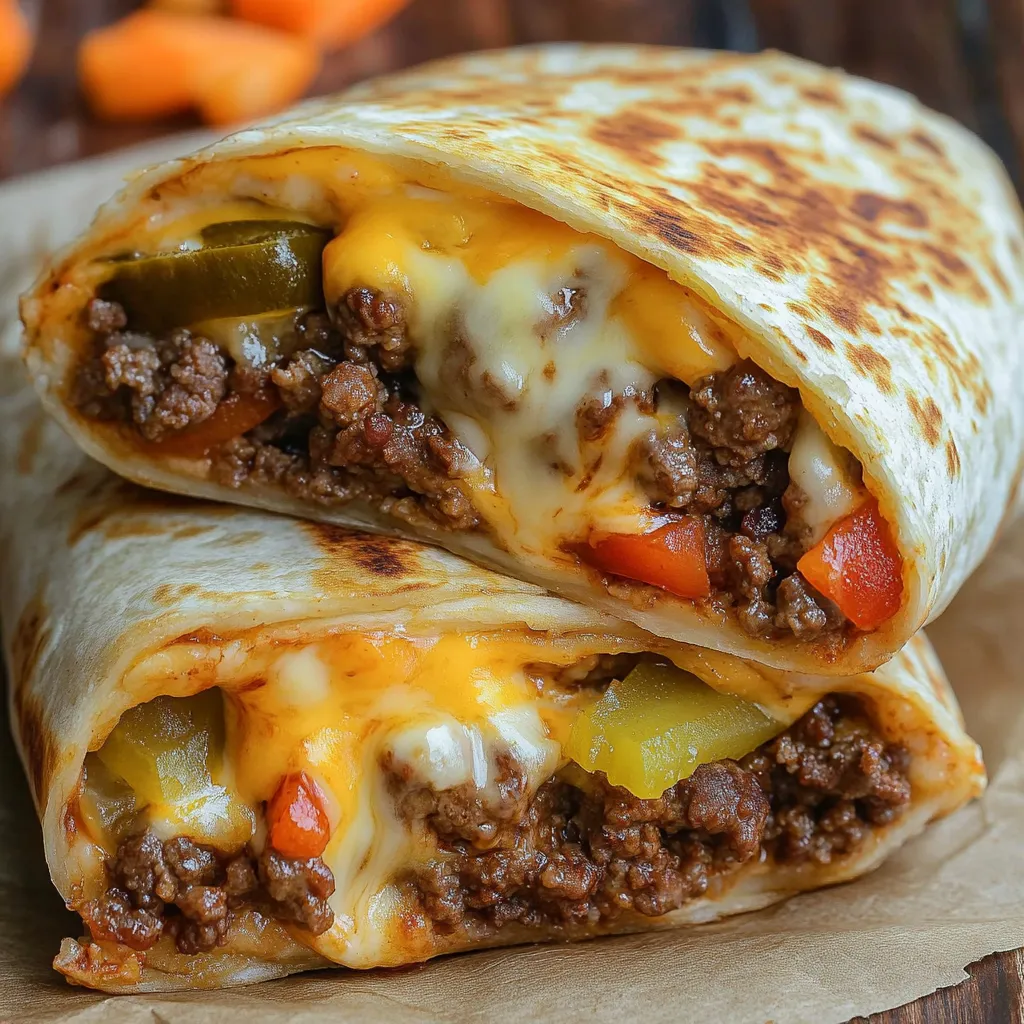 Ein goldenes Crispy Cheeseburger Wrap auf einem Tisch.