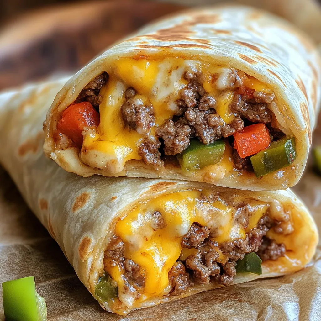 Ein golden getauchtes Burger Wrap mit Käse und Zwiebeln.