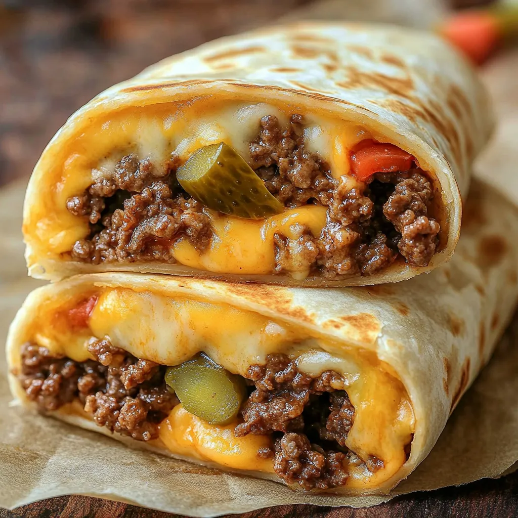 Ein golden getauchtes Burger-Wrap mit Käse und Zwiebeln.