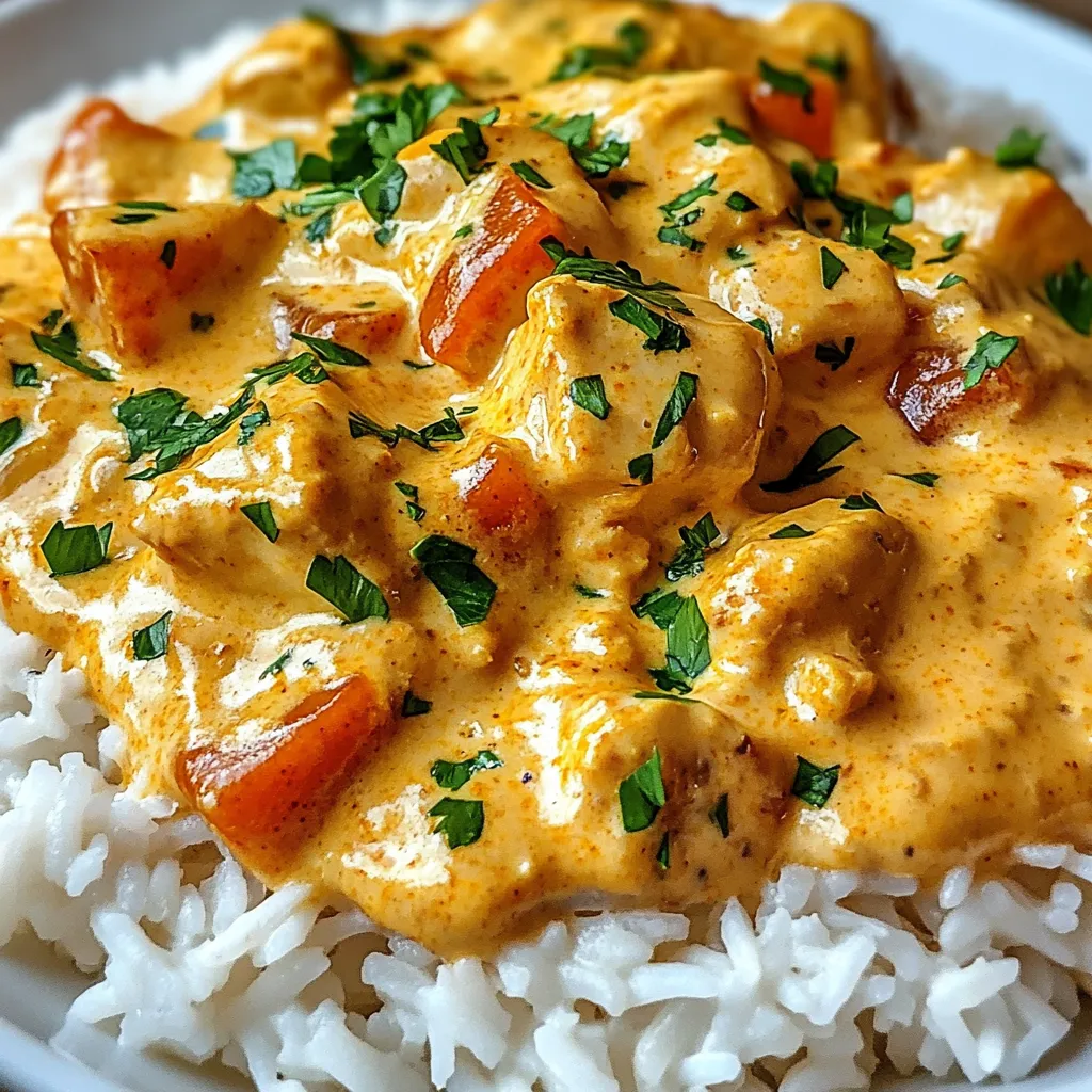Ein Bild von einer Schüssel mit Rice und einer cremigen Sauce, die als "Creamy Smothered Chicken Rice" bezeichnet wird.