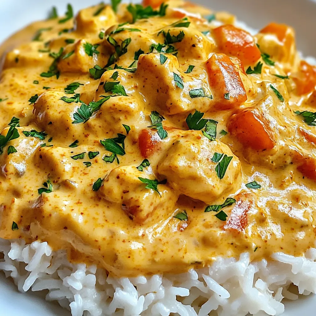 Ein Bild von einer cremigen, geschmorten Chicken-Rice-Gerichte, die auf einem weißen Teller präsentiert wird.