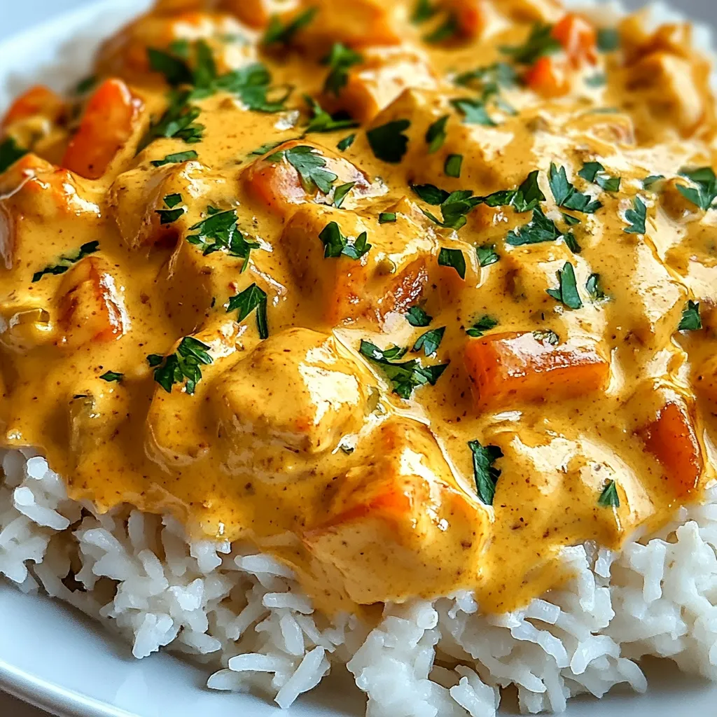 Ein Plate mit Reis und Creamy Smothered Chicken.