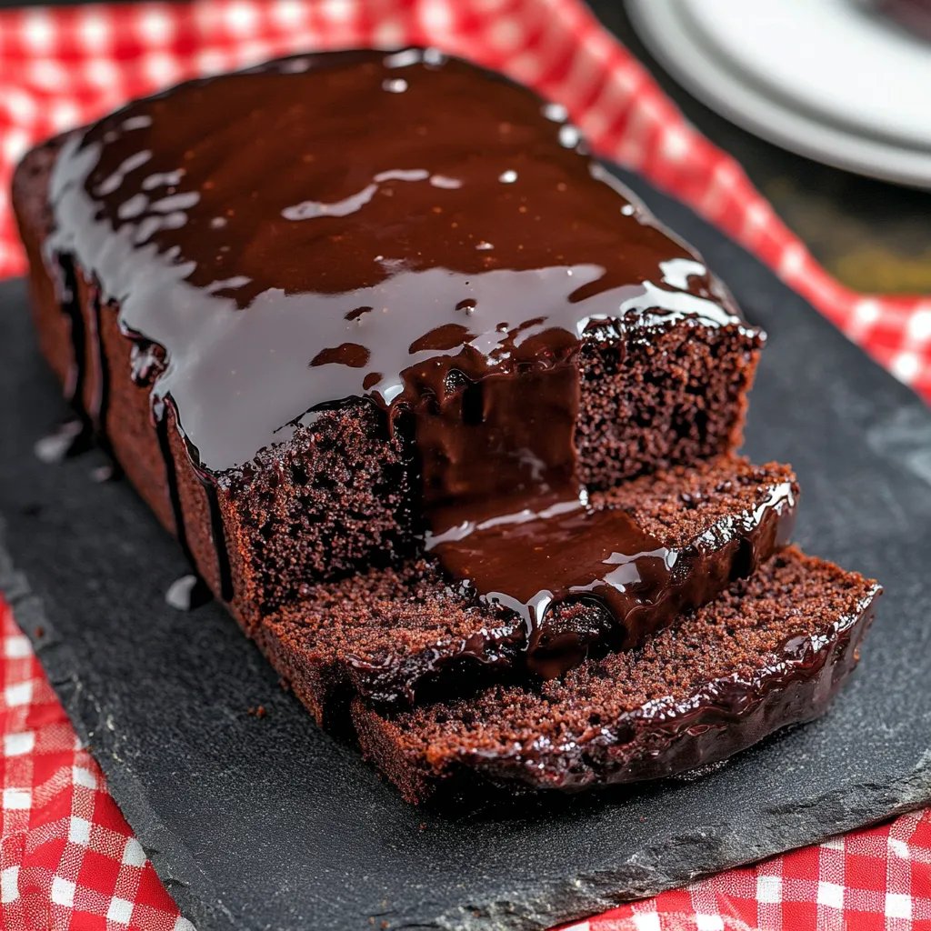 Ein Stück Hot Fudge Brownie Bread auf einem Teller.