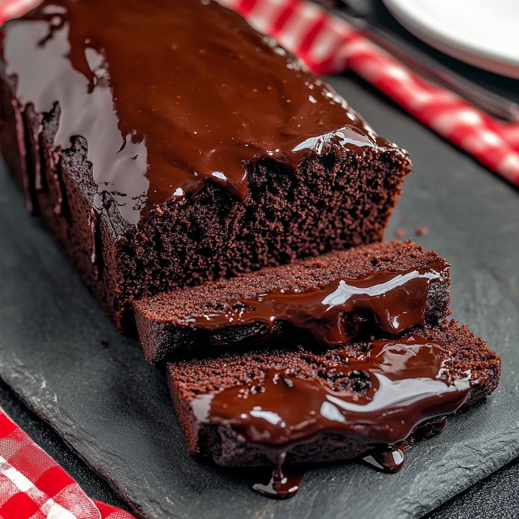 Ein Stück Hot Fudge Brownie Bread auf einem Tisch.