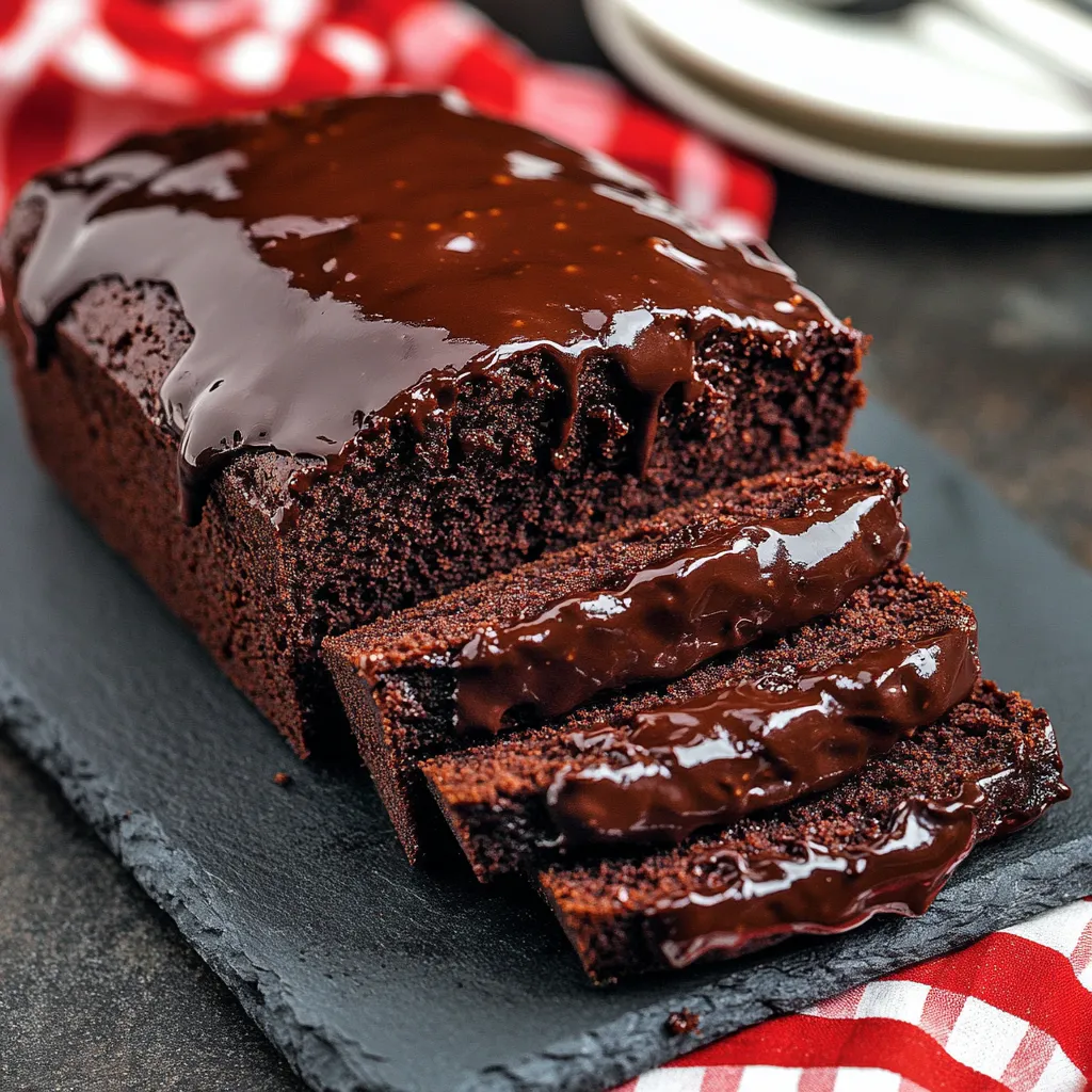 Ein Stück Hot Fudge Brownie Bread auf einem Teller.