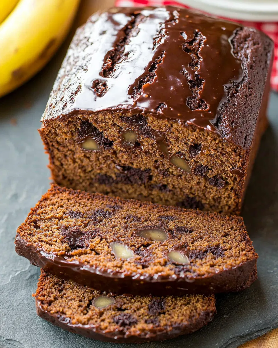Moist Banana Bread mit Schokoladenglasur.