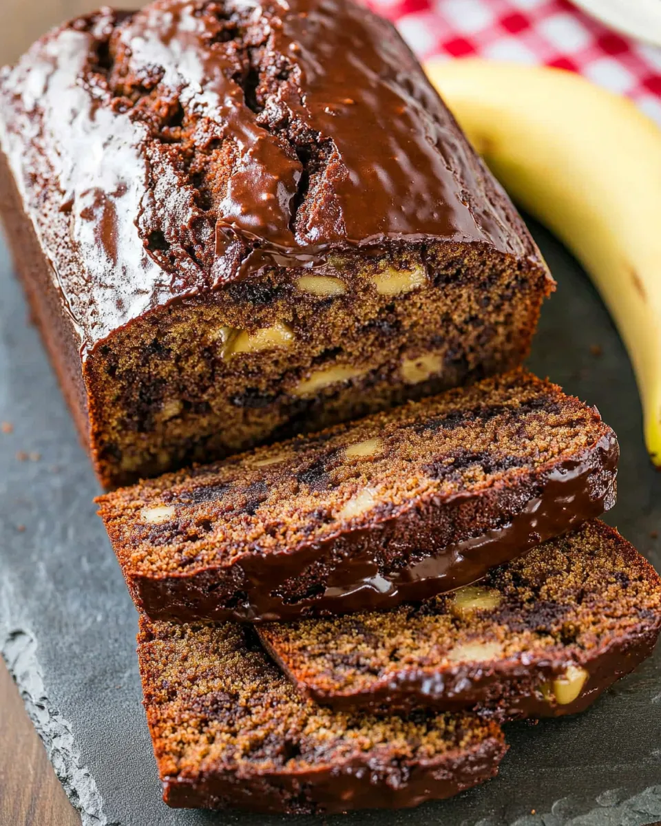 Moist Banana Bread mit Schokoladenglasur.