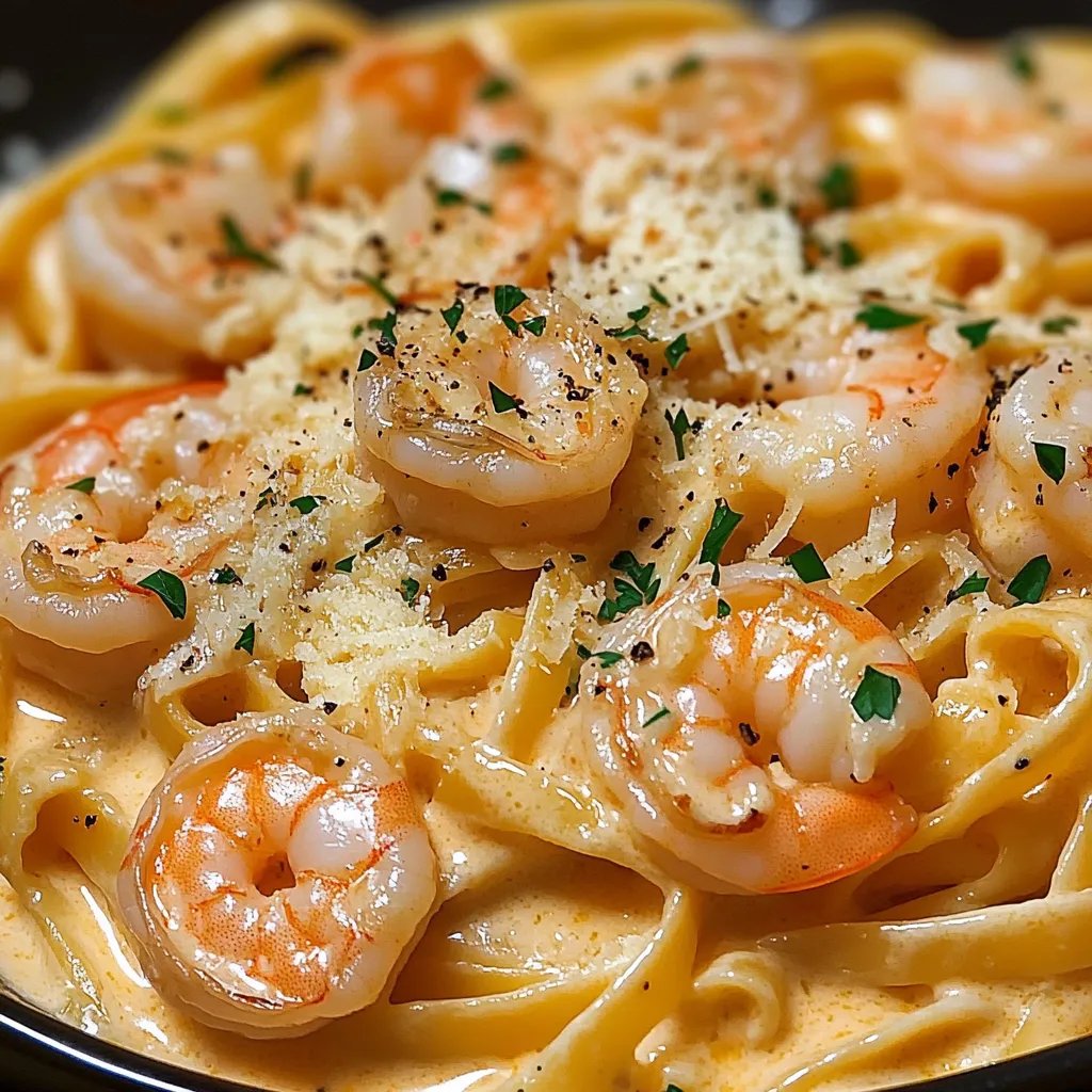 Eine Schüssel mit Pasta, die mit Shrimp, Zwiebeln und Knoblauch garniert ist.