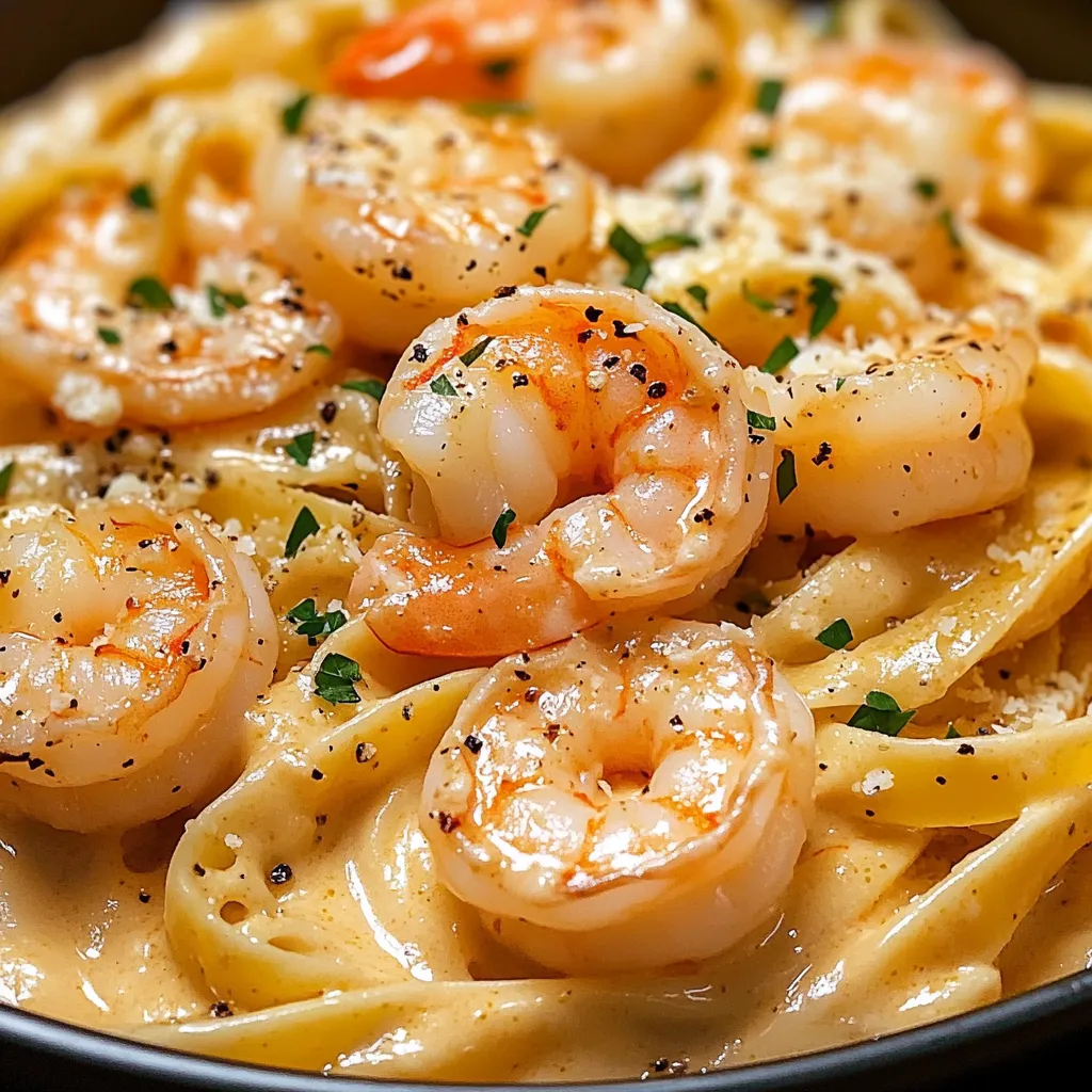 Eine Schüssel mit creamy garlic shrimp pasta, die mit frischen, sauberen, geschnittenen Garnelen und einer Pasta-Nudel gefüllt ist.