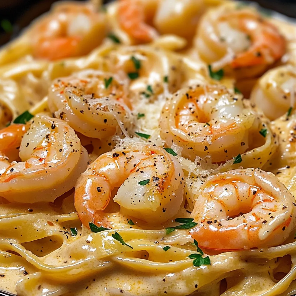 Eine Schüssel mit creamy garlic shrimp pasta, die mit frischem Parsley garniert ist.