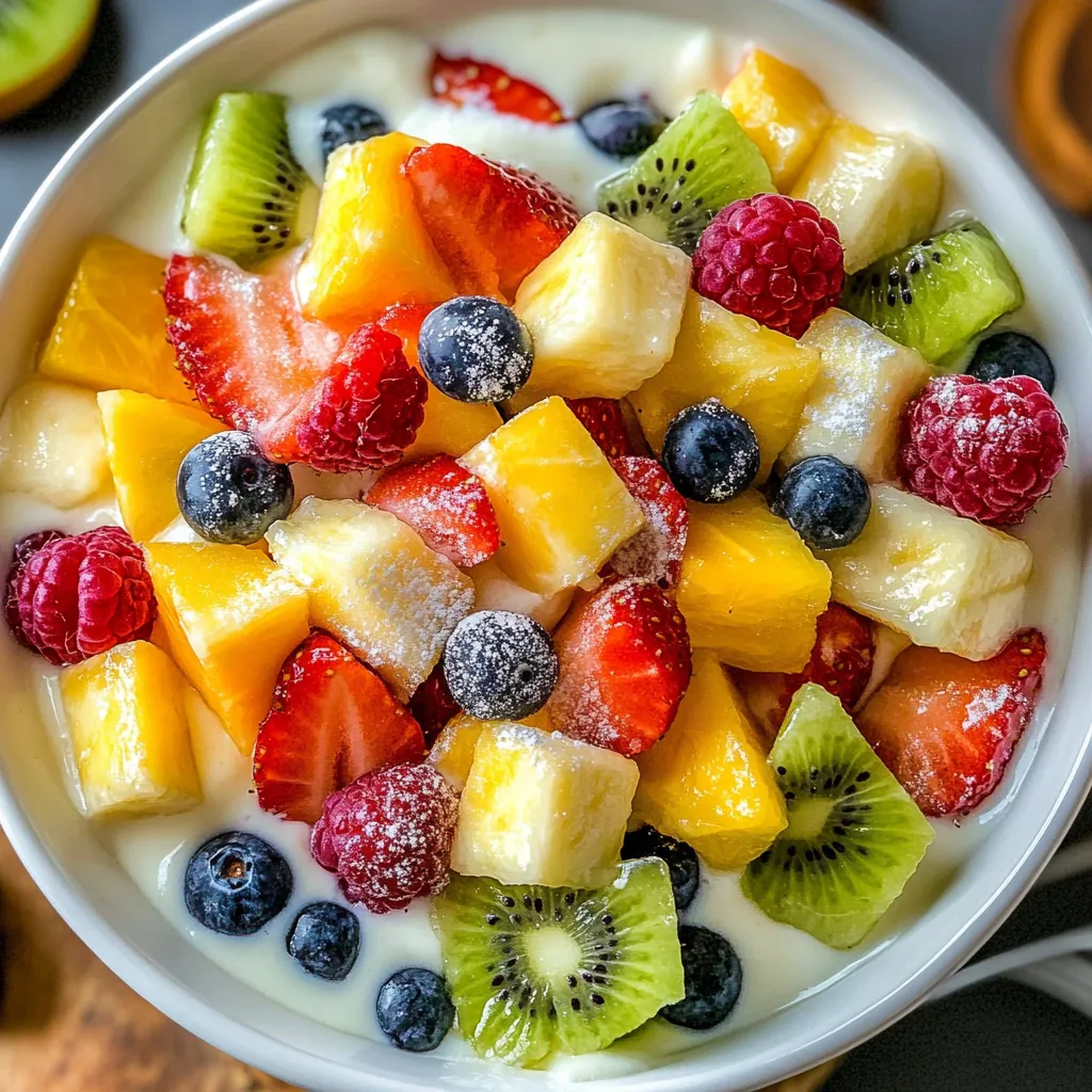 Ein weißer Becher mit einem cremigen Frucht-Vanille-Pudding, der mit verschiedenen Früchten wie Bananen, Strawberries, Kiwi und Blueberries garniert ist.