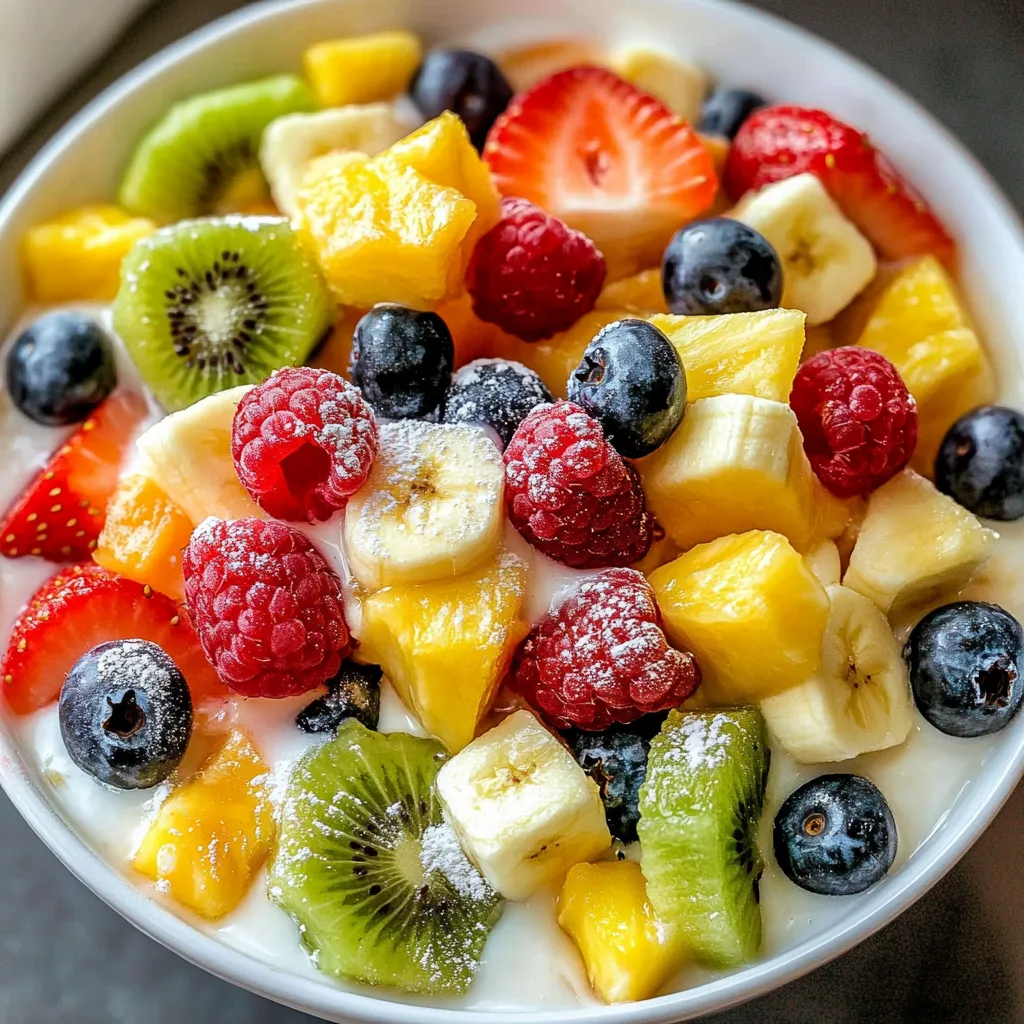Ein weißer Becher mit einer Mischung aus frischen Früchten wie Bananen, Papaya, Mangos und Kiwis.