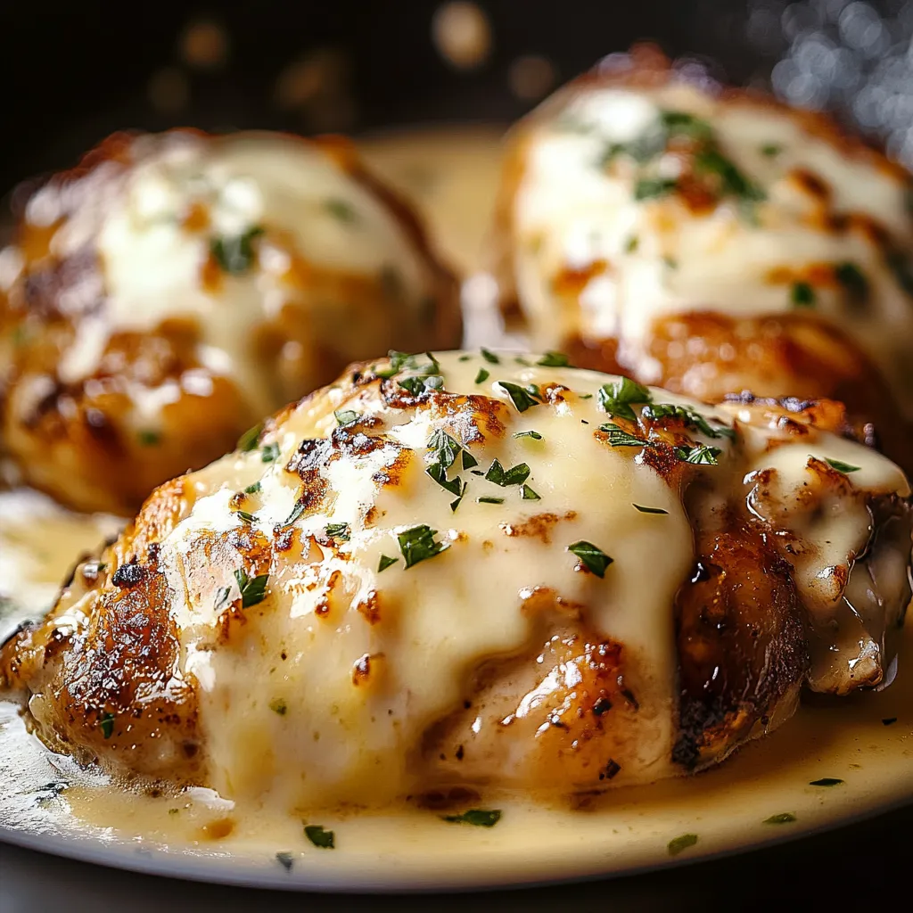 Ein Plate mit Texas Roadhouse Smothered Chicken, das in einer Sauce mit Käse und Kräutern serviert wird.