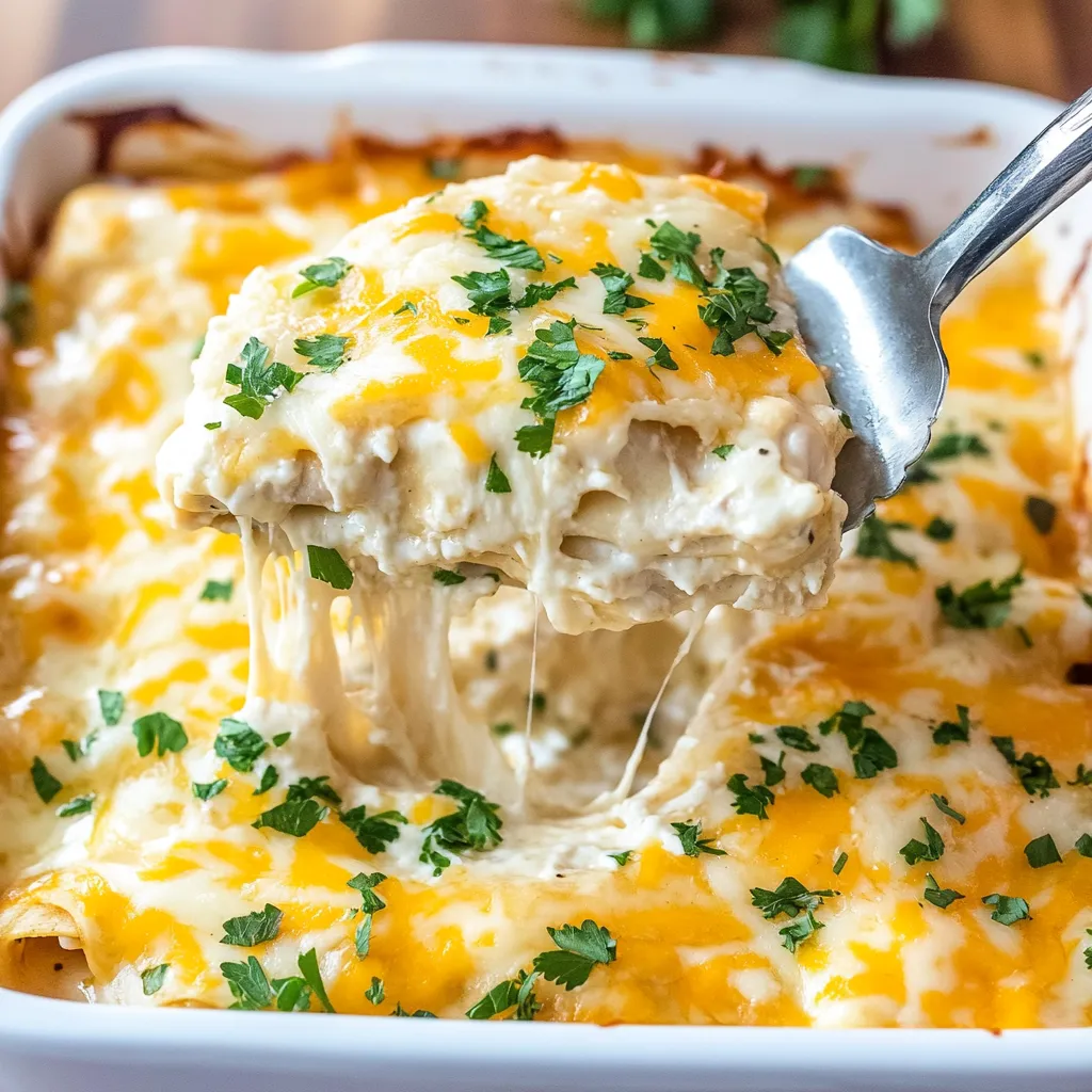 Ein weißer Teller mit einer cremigen, sour cream chicken bake, die mit grünen Zwiebeln und Parsley garniert ist.