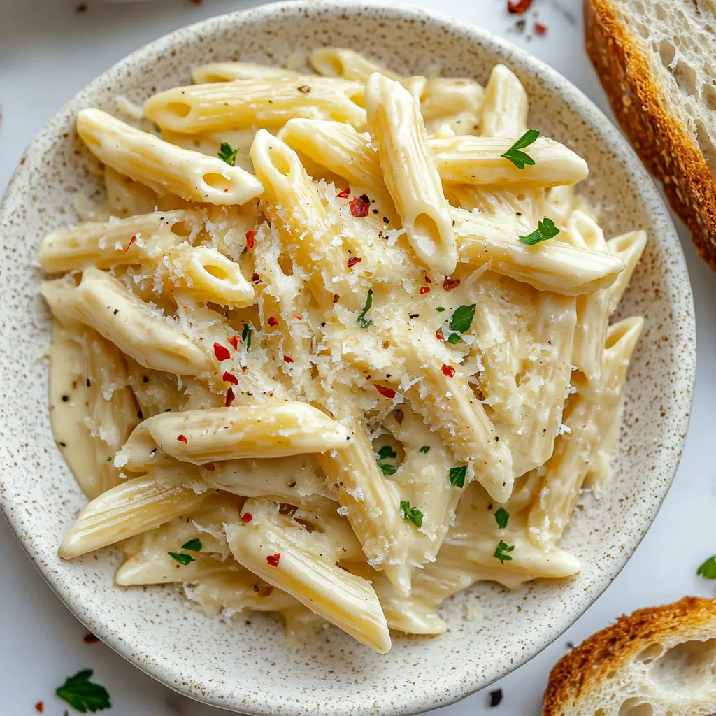 Ein weißer Teller mit Pasta und Käse.
