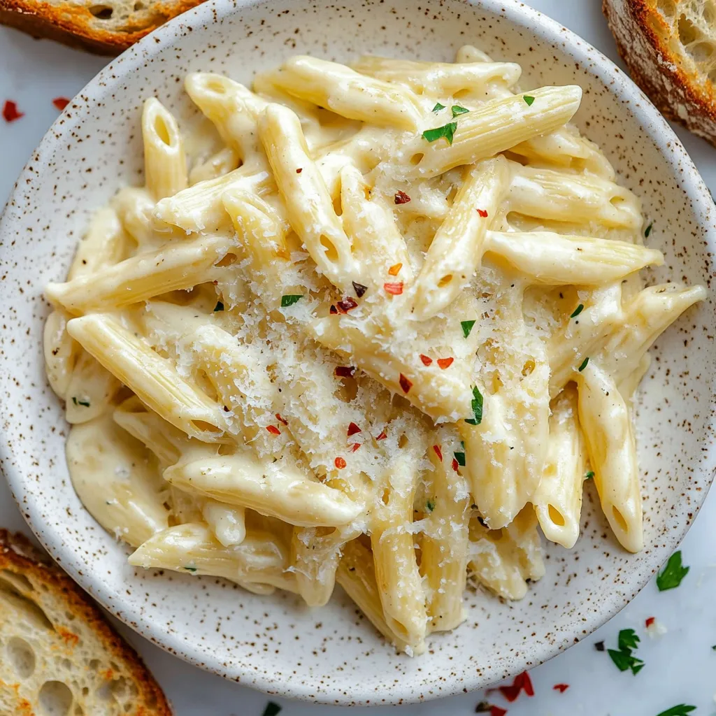 Ein weißer Teller mit Pasta und Cream Cheese.