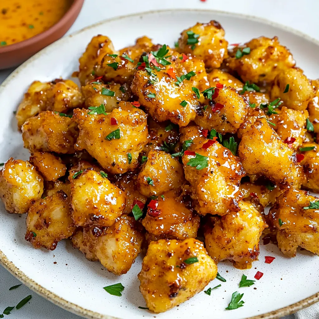 Ein Plate mit Bang Bang Chicken, das in einer Sauce serviert wird.