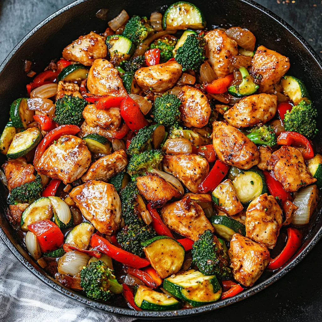 Ein Schmelztopf mit einer Mischung aus Zwiebeln, Paprika, Brokkoli, Zucchini und Chicken.