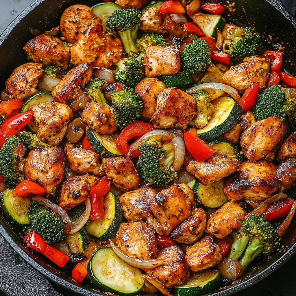Ein Skillet mit einer Mischung aus Zwiebeln, Paprika, Brokkoli, Zucchini und Kichererbsen.